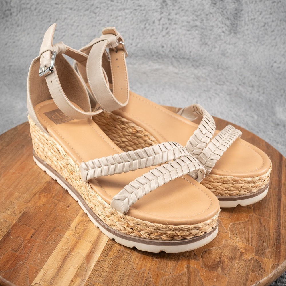 Dolce Vita DV Breanne Wedge Sandals Womens Size 9 Tan Raffia Platform Ankle St